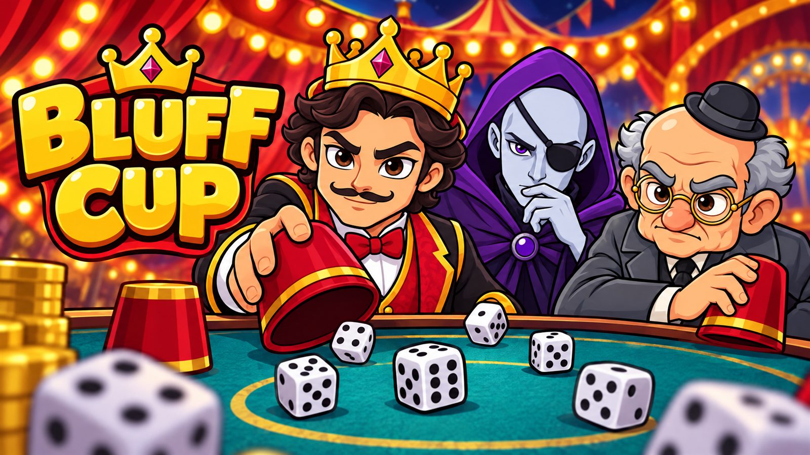 Three rivals at a teal dice table under circus lights: a crowned showman lifting his red cup, a hooded figure with an eye patch, and a scowling old man in a bowler hat