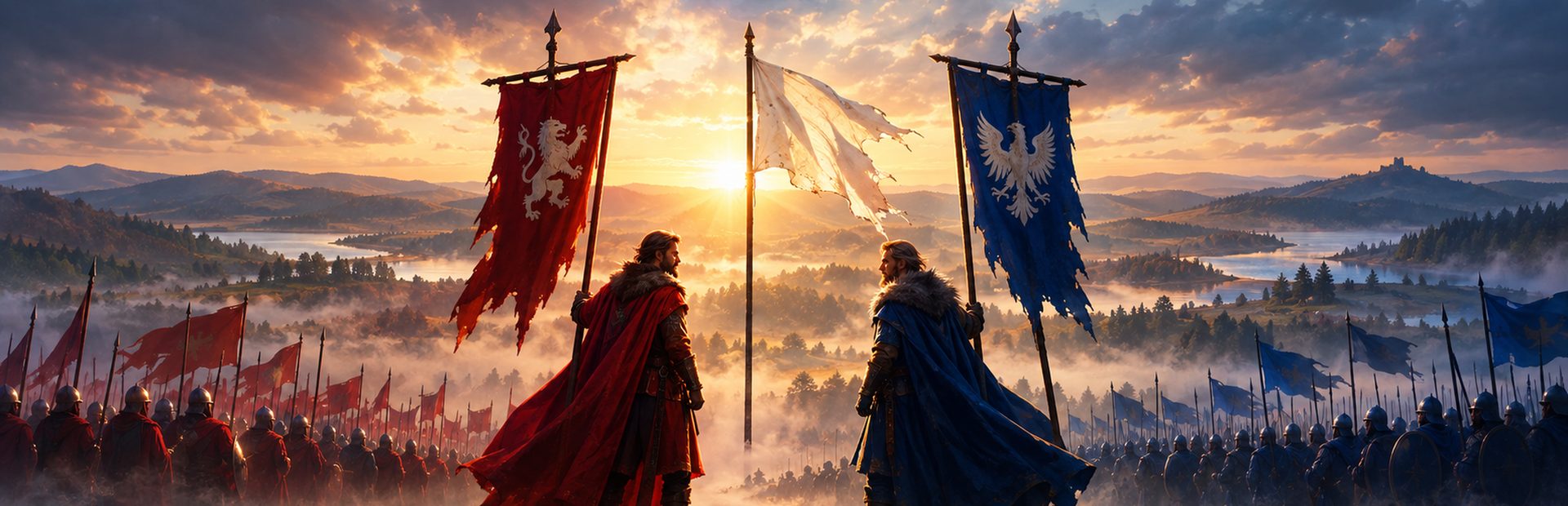 Two commanders, one in a red cloak and one in blue, face each other under their banners at sunrise, with their armies drawn up across a misty valley