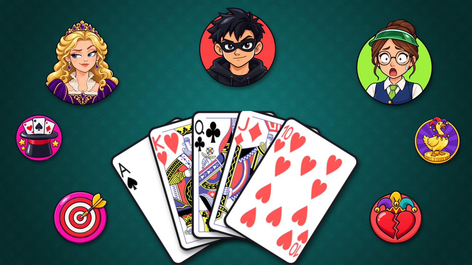 A fanned hand of playing cards on a teal table, from the ace of spades to the ten of hearts, with The Duchess, The Spoiler and The Banker watching from across the table and four joker stickers around it
